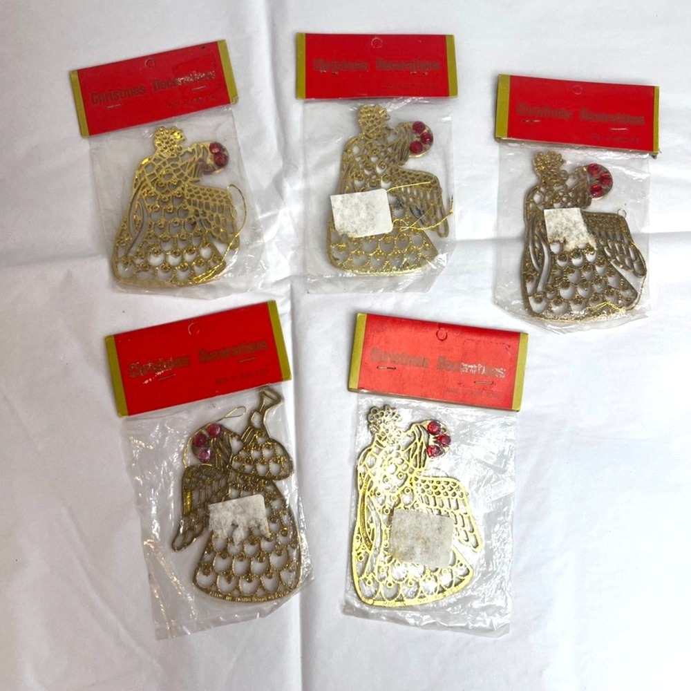 VTG Christmas Decorations Angels NOS Bronze Patina Jeweled Flat NEW